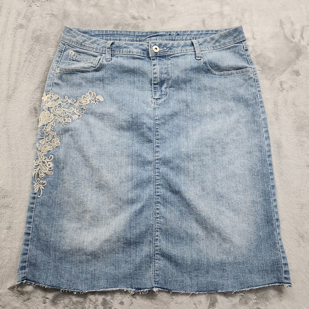 Vintage V.S.H. Jeans Skirt Womens‎ 12 Blue Cream Embroidered Lace Pencil Raw Hem